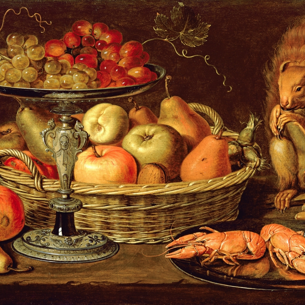 Clara Peeters, Still life with grapes on a tazza, a basket of fruit, two crayfish on a plate and a squirrel, 1613.